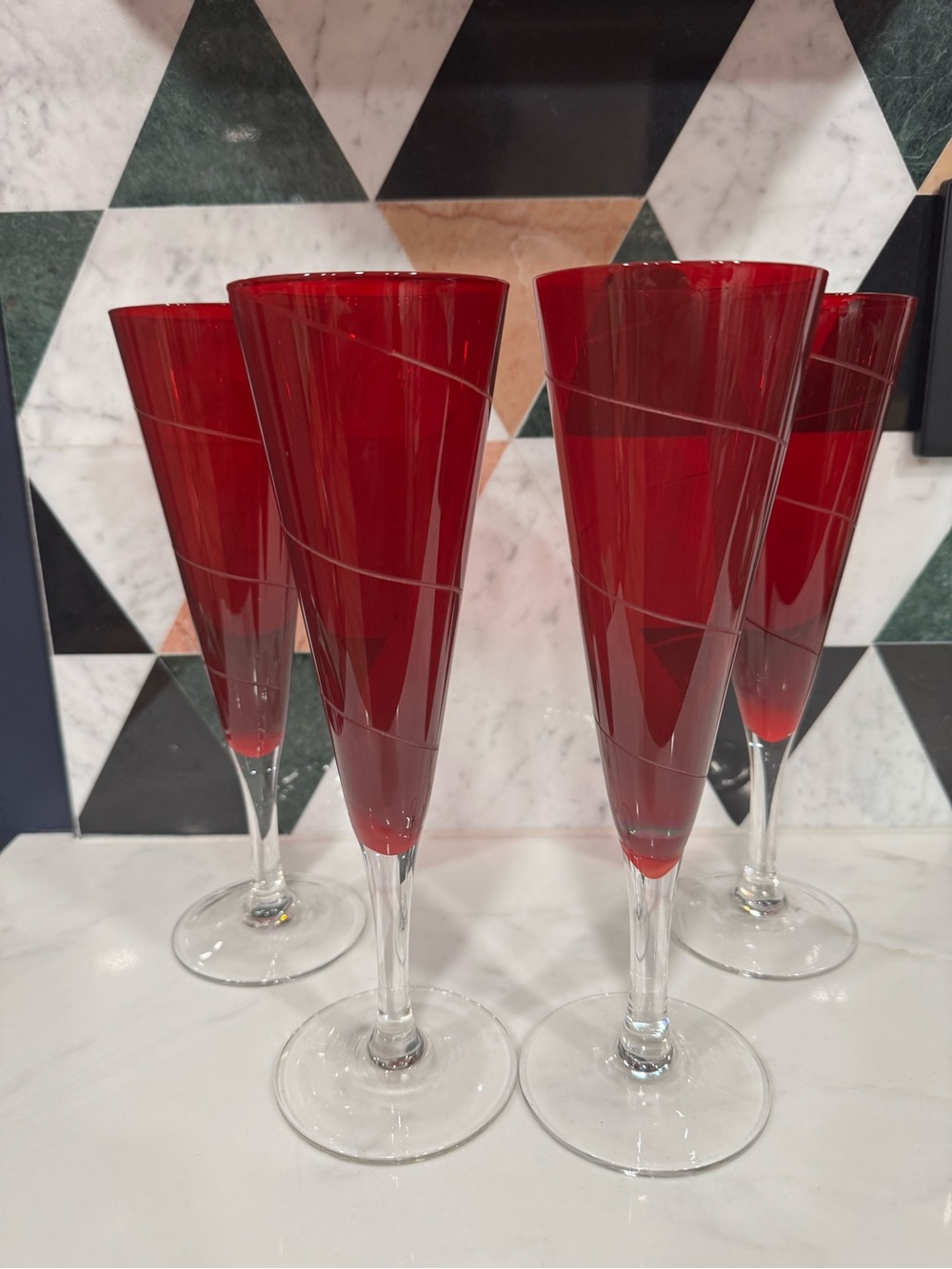 Set of JC Penny Red Crystal Champagne Flutes - 4 Pieces